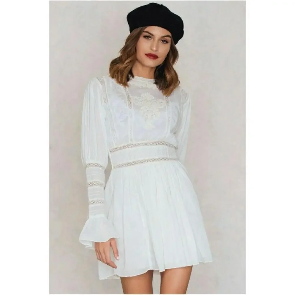 NWOT Free People Ivory Victorian Waisted CROCHET Mini Dress 2 Lace Cotton Womens